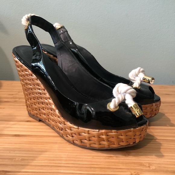 Tory Burch Shoes - Tory Burch Wicker Woven Wedge Black Sandals